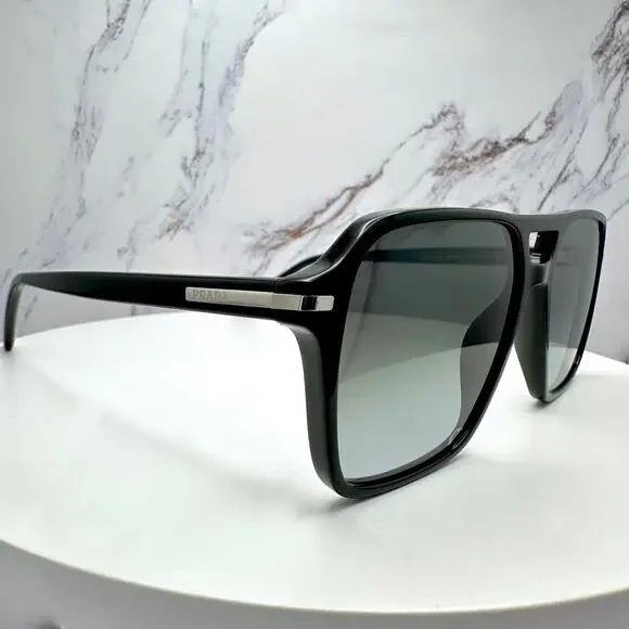 NEW PRADA Sunglasses Black Aviator Pilot 55-17mm Grey Lens Silver Logo